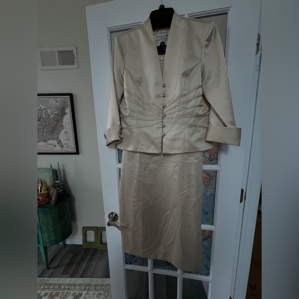 Cream Satin Tailored Blazer and Skirt Set